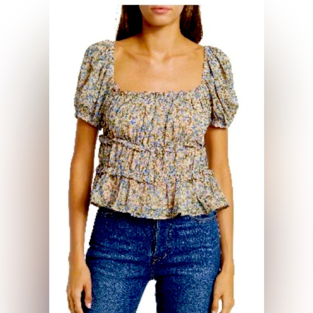 Astr Floral Smocked Square Neck Peplum Top in Cream and Blue